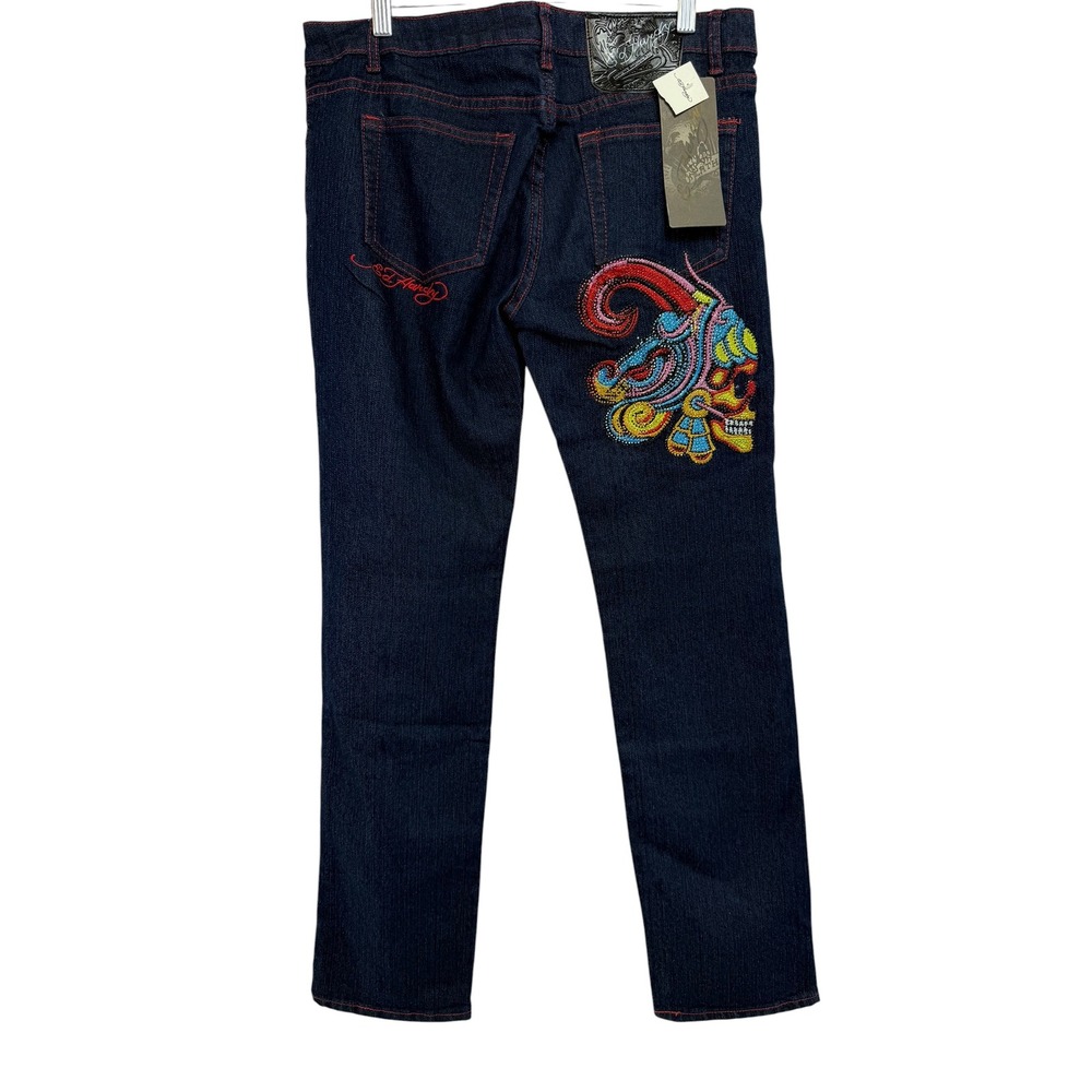 Ed Hardy Christian Audigier Sz 13/14 Rhinestone Aztec Skull Denim Jeans (EE21)